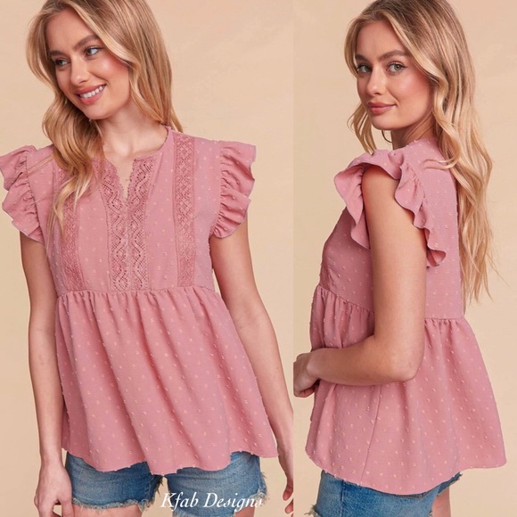 LAST ONE! Crochet/Lace Swiss Dot Cap Ruffle Sleeve Woven Top in Dusty Rose! - Picture 2 of 11